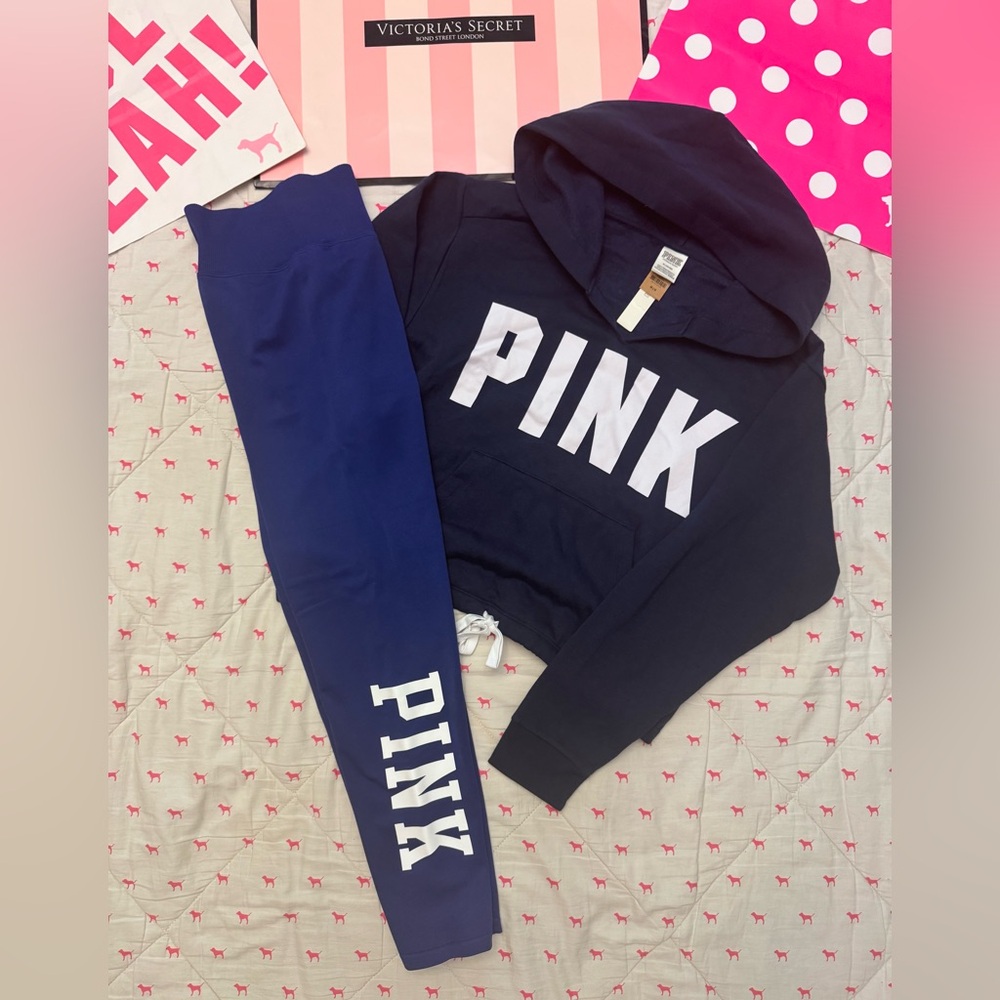 VICTORIA’S SECRET VS PINK SET SEAMLESS ACTIVR LEGGINGS & HOODIE BLUE WHITE LOGO